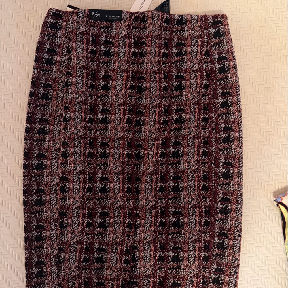 Liverpool Burgundy and Black Plaid Tweed Pencil Skirt